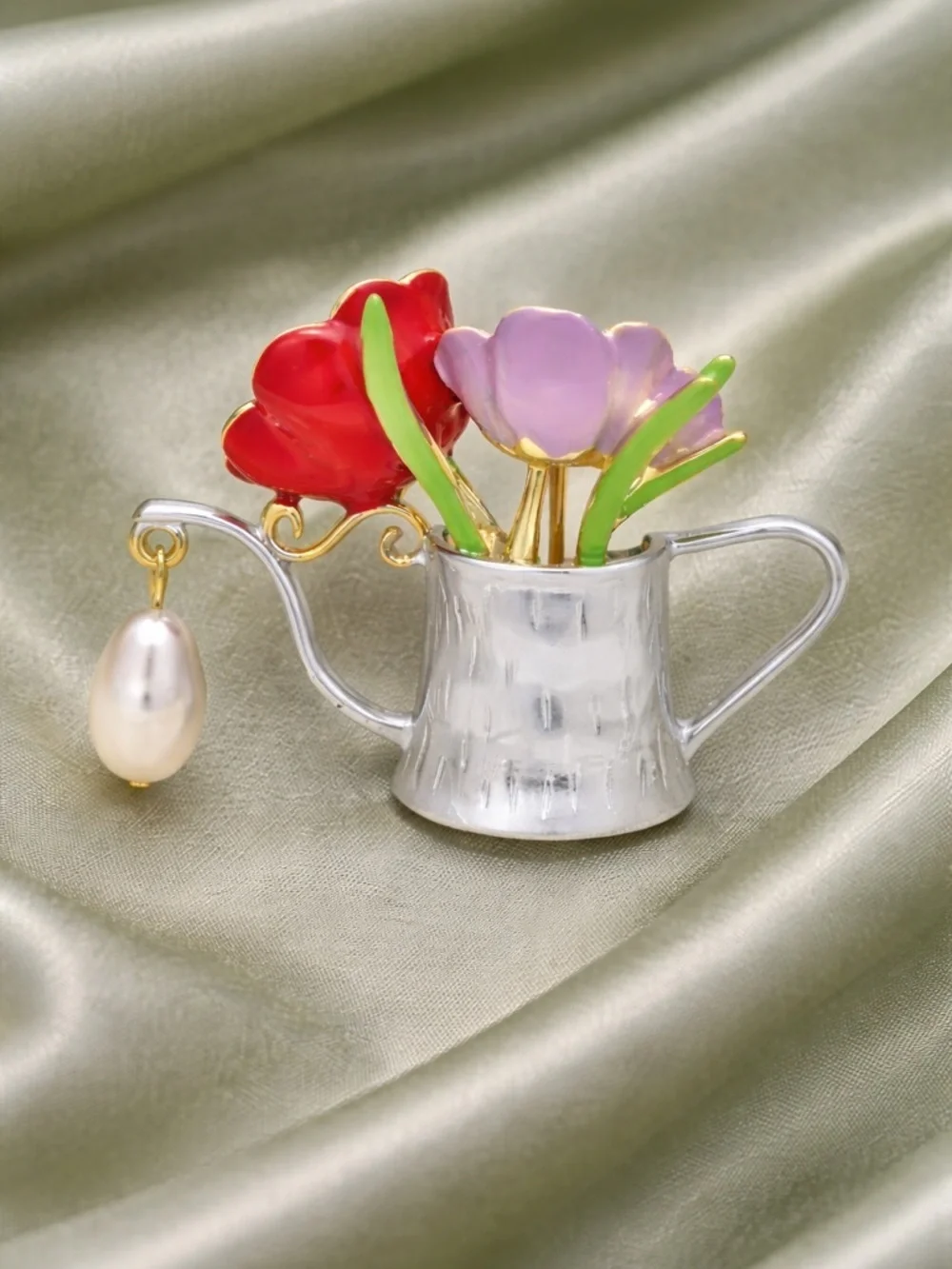 Cute Floral Watering Can Silver Pearl Charm Garden Brooch